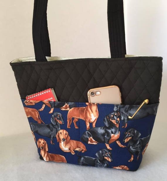 Dachshund Tote, 4 Outside Pockets, 6 Inside Pockets, Magnetic Snap Closure