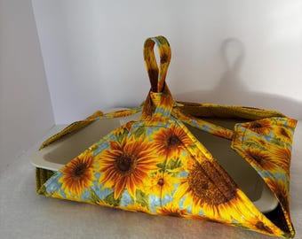 Sunflower, Casserole Carrier: Quilted Insulated Cotton, Reversible Design