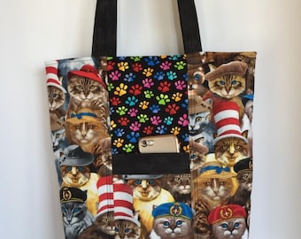 Cats Tote, Reversible - LAST ONE - 2 outside pockets and 2 inside
