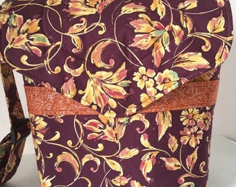 Burgundy Floral Crossbody Bag: Adjustable Strap Cotton Purse
