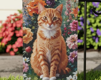 Orange Tabby Cat, Colorful Garden & House Banner with Flower Garden, Cat Lover Mom Gift, Home Decor, Floral Yard Decoration
