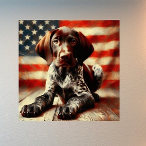 May include: A digital art print of a German Shorthaired Pointer puppy lying down, set against a backdrop of the American flag. The dog has brown and white spotted fur and is resting on a wooden surface.