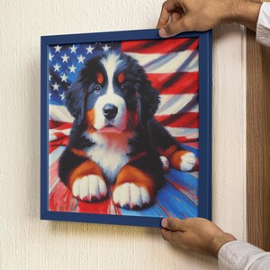 Cachorro de perro de montaña bernés con fondo de bandera estadounidense, impresión con acabado mate, decoración de pared, decoración del hogar, patriótico, carteles verticales