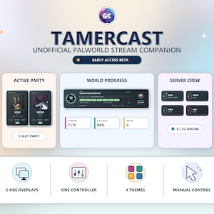 May include: A digital interface titled TAMERCAST UNOFFICIAL PALWORLD STREAM COMPANION featuring sections for ACTIVE PARTY, WORLD PROGRESS, and SERVER CREW. The layout includes icons for 5 OBS overlays, one controller, 4 themes, and manual control.
