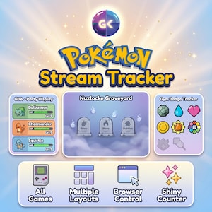 May include: A digital graphic for a Pokémon Stream Tracker. The design includes a GBA party display, a Nuzlocke Graveyard, and a Gym Badge Tracker. Additional features include All Games, Multiple Layouts, Browser Control, and Shiny Counter.