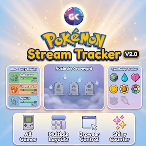 Op de afbeelding: Een digitale Pokémon Stream Tracker V2.0 interface met een GBA-stijl party display met Bulbasaur, Charmander en Squirtle, een Nuzlocke Graveyard met drie grafstenen, een gym badge tracker en iconen voor alle spellen, lay-outs en shiny counters.