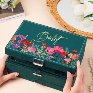 Puede incluir: Una caja de joyería verde azulado con un diseño floral y el nombre "Beckett" en escritura dorada. La caja está abierta, revelando múltiples compartimentos. El diseño floral incluye flores rosas, rojas y naranjas. La caja tiene un cierre plateado.