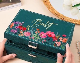 Boîte à bijoux personnalisée en velours : nom floral, grand organiseur de rangement pour bijoux