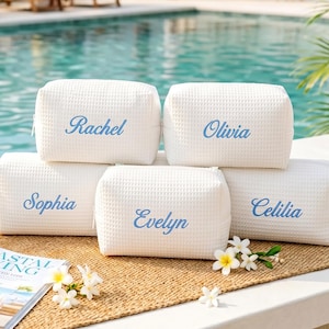 Personalized Waffle Cosmetic Bag: Monogrammed Toiletry Pouch | Embroidered Name Travel Organizer | Bachelorette Girl Gift