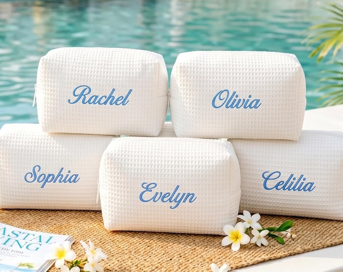 Personalized Waffle Cosmetic Bag: Monogrammed Toiletry Pouch | Embroidered Name Travel Organizer | Bachelorette Girl Gift