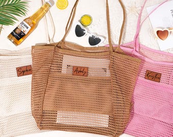 Personalized Beach Tote Bag: Sandproof Nylon Mesh, Engraved Leather Patch