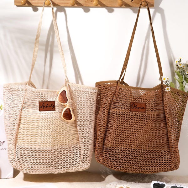 Personalized Beach Tote Bag: Sandproof Nylon Mesh, Leather Patch, Girls Trip Gifts