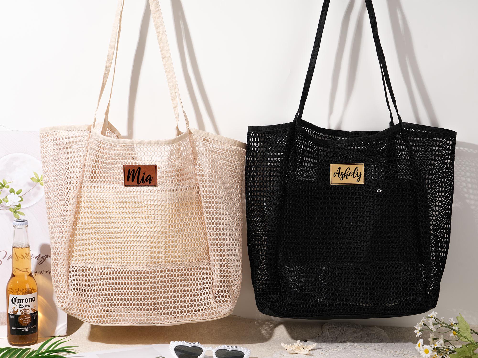 Personalized Beach Tote Bag: Sandproof Nylon Mesh, Leather Patch