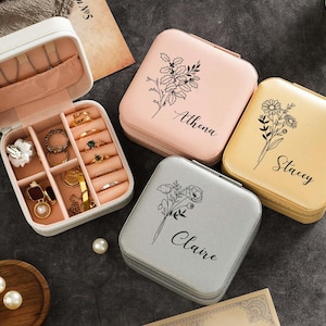 Aangepaste reissieradendoos, opberger kleine vierkante oorbellen, sieradendoos bruidsmeisjes, sieradendoosje geboortebloem, geschenkdoos bruidsmeisje voor vriend