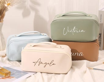 Leather Embroidered Makeup Bag Personalized,Large Capacity Cosmetic Bag,Gift for Women,Makeup Organizer,Travel Organizer,Bridal Shower Gift