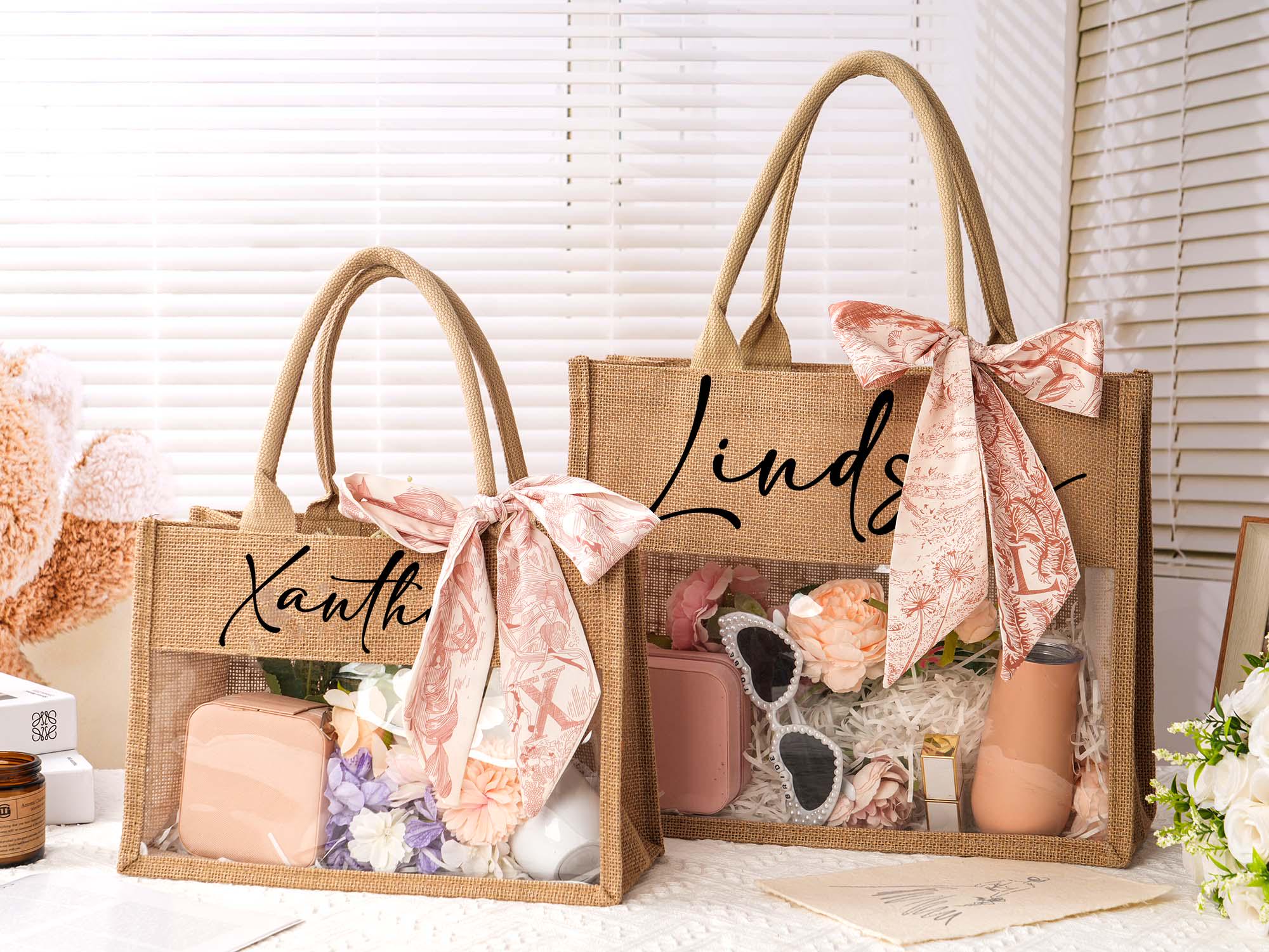 Custom Bridesmaid Burlap Tote Bag With Scarf: Bachelorette Party Favor ...