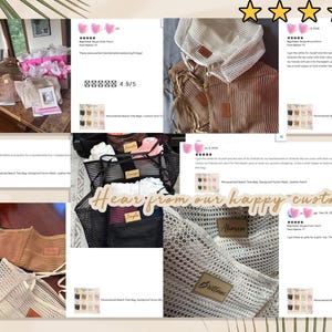 Pu&ograve; includere: Varie borse tote da spiaggia personalizzate in rete nera, beige e bianca, con toppe in pelle. Alcune borse sono piene di oggetti. L'immagine include recensioni dei clienti e il testo "Hear from our happy customers."