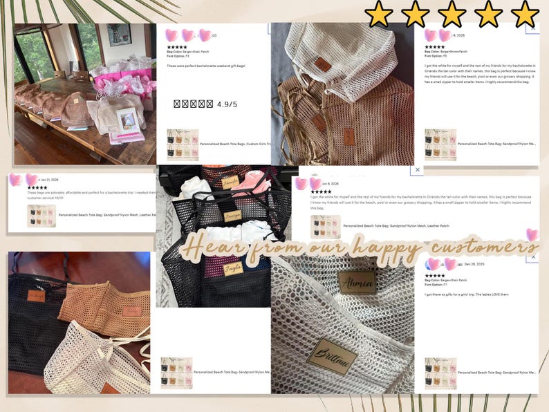 Pu&ograve; includere: Varie borse tote da spiaggia personalizzate in rete nera, beige e bianca, con toppe in pelle. Alcune borse sono piene di oggetti. L'immagine include recensioni dei clienti e il testo "Hear from our happy customers."