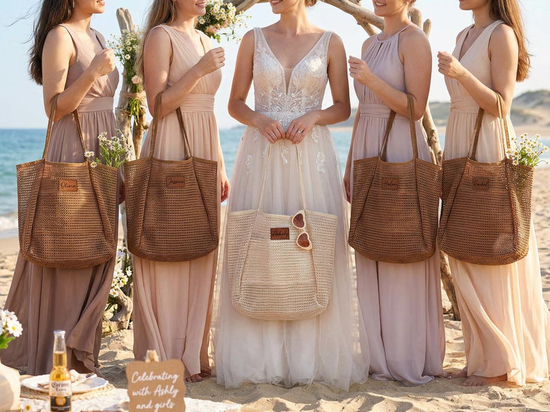 Borsa da spiaggia personalizzata: rete in nylon anti-sabbia, toppa in pelle, regalo per ragazze immagine 6
