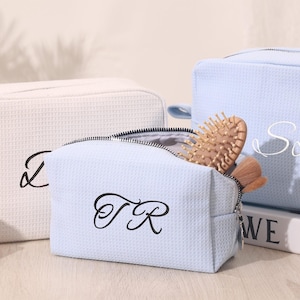 Personalized Waffle Weave Cosmetic Bag: Embroidered Monogram Makeup Bag