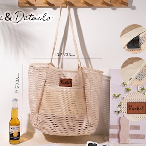 Borsa da spiaggia personalizzata: rete in nylon anti-sabbia, toppa in pelle, regalo per ragazze immagine 11