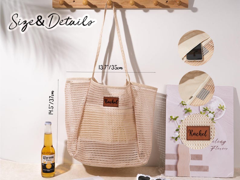 Borsa da spiaggia personalizzata: rete in nylon anti-sabbia, toppa in pelle, regalo per ragazze immagine 11