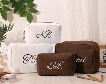 Personalized Waffle Cosmetic Bag: Monogrammed Toiletry Pouch | Embroidered Name Travel Organizer | Bachelorette Girl Gift