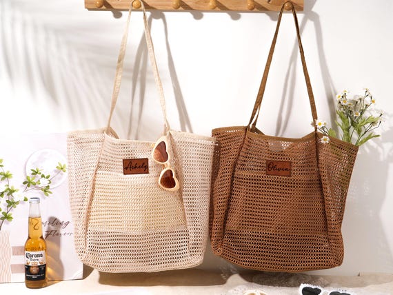 Personalized Beach Tote Bag: Sandproof Nylon Mesh, Leather Patch, Girls Trip Gifts