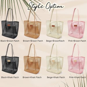 Pu&ograve; includere: Una collezione di borse tote in rete di vari colori, tra cui nero, marrone, beige e rosa. Ogni borsa presenta una toppa e manici abbinati. Il testo "Style Option" &egrave; visualizzato nella parte superiore dell'immagine, con combinazioni di colori.