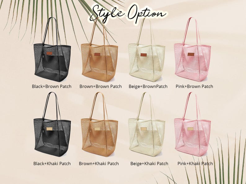 Pu&ograve; includere: Una collezione di borse tote in rete di vari colori, tra cui nero, marrone, beige e rosa. Ogni borsa presenta una toppa e manici abbinati. Il testo "Style Option" &egrave; visualizzato nella parte superiore dell'immagine, con combinazioni di colori.