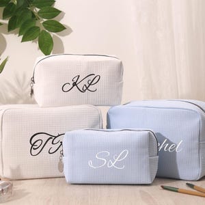 Personalized Waffle Weave Cosmetic Bag: Embroidered Monogram Makeup Bag