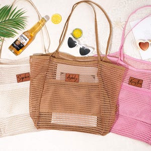 Borsa da spiaggia personalizzata: rete in nylon anti-sabbia, toppa in pelle, regalo per ragazze immagine 3