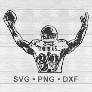 May include: Black and white silhouette of a football player with arms raised in celebration. The player is wearing a jersey with the number 89 and the name "ANDREWS" on the back.