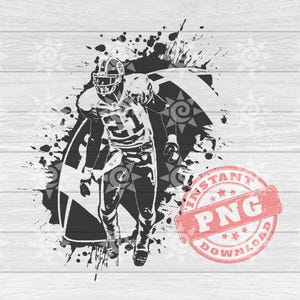 Puede incluir: Ilustración en blanco y negro de un jugador de fútbol americano corriendo con el balón. El jugador lleva un casco y una camiseta con el número 21. La imagen está sobre un fondo de salpicaduras de pintura negra.