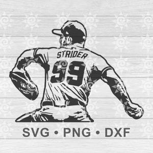 Puede incluir: Silueta en blanco y negro de un jugador de béisbol lanzando con el nombre "Strider" y el número "99" en la parte posterior de la camiseta.