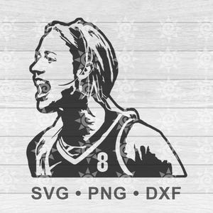 May include: Black and white graphic of a person in a sports jersey with the number 8. The person is shown in profile, mouth open as if shouting. The image includes the text "SVG • PNG • DXF".