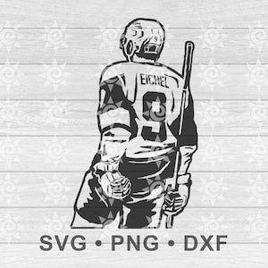 May include: Black and white silhouette of a hockey player wearing a jersey with the name "Eichel" and the number "9" on the back. The player is holding a hockey stick and is looking over their shoulder.