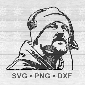 May include: Black and white silhouette of a man wearing a hat and looking upwards. The image is a digital download for crafting projects.