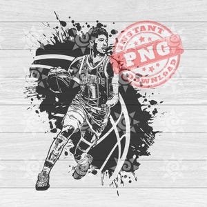 以下が含まれることがあります： バスケットボール選手がボールをドリブルしている白黒のデジタルイラスト。選手は「ホーネッツ」と書かれたジャージを着ています。背景は白黒の飛び散ったデザインです。