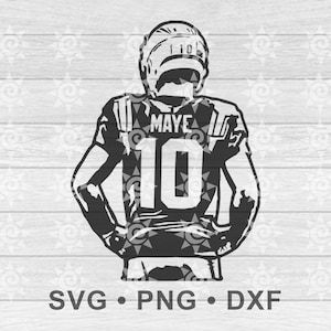 May include: Black and white silhouette of a football player wearing a jersey with the name "MAYE" and the number "10" on the back.