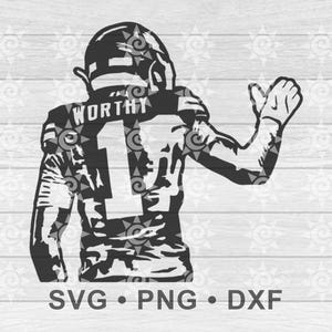 May include: Black and white silhouette of a football player wearing a jersey with the number "1" and the word "WORTHY" on the back. The player is facing away from the viewer and has one arm raised in the air.