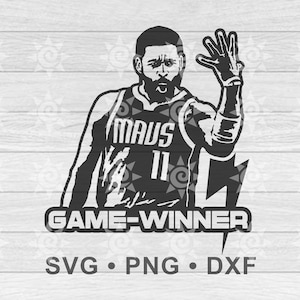 May include: Black and white silhouette of a basketball player with the number 11 and the word "MAUS" on their jersey. The text "GAME-WINNER" is below the player and the text "SVG. PNG. DXF" is below that.