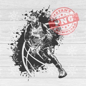 May include: Black and white illustration of a basketball player dribbling a ball. The player is wearing a jersey with "Dallas" and a number on it. The image is set against a black and white splatter background.
