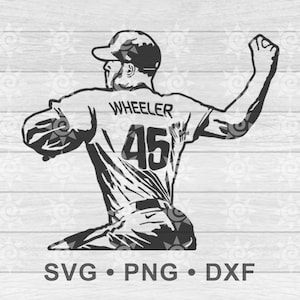 May include: Black and white illustration of a baseball player in a throwing pose. The player wears a jersey with "WHEELER" and the number "45" on the back. The image includes the text "SVG • PNG • DXF" at the bottom.