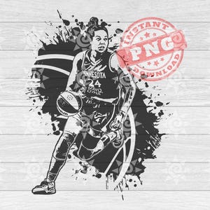 Pode incluir: Ilustração em preto e branco de um jogador de basquete driblando a bola. O jogador está vestindo uma camisa com o texto "MINNESOTA" e "24" nela. O fundo é um design de respingos em preto e branco.