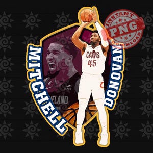 May include: A digital illustration of a basketball player wearing a white jersey with the text "CAVS 45" on the front. The player is holding a basketball and is jumping in the air. The background is a shield with the text "MITCHELL DONOVAN" on it.
