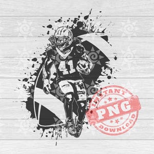 Peut inclure: Illustration en noir et blanc d'un joueur de football américain courant avec le ballon. Le joueur porte un casque et un maillot avec le numéro 41. L'image est sur un fond d'éclaboussures de peinture noire.