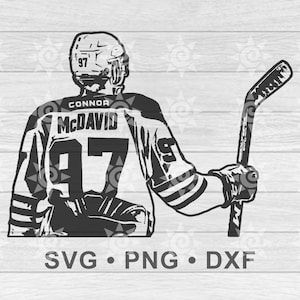 May include: Black and white silhouette of a hockey player wearing a jersey with the name "Connor McDavid" and the number "97" on the back. The player is holding a hockey stick in their right hand.