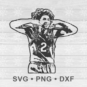 May include: Black and white SVG graphic of a basketball player in a jersey with the number 2. The player is smiling with arms raised, hands near ears. The image includes the text "SVG • PNG • DXF".