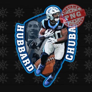 May include: A blue and white shield with the words "Hubbard" and "Chubb" on either side. A football player in a blue jersey with the number 30 is running with the football. The image has a red stamp that says "Instant PNG Download".